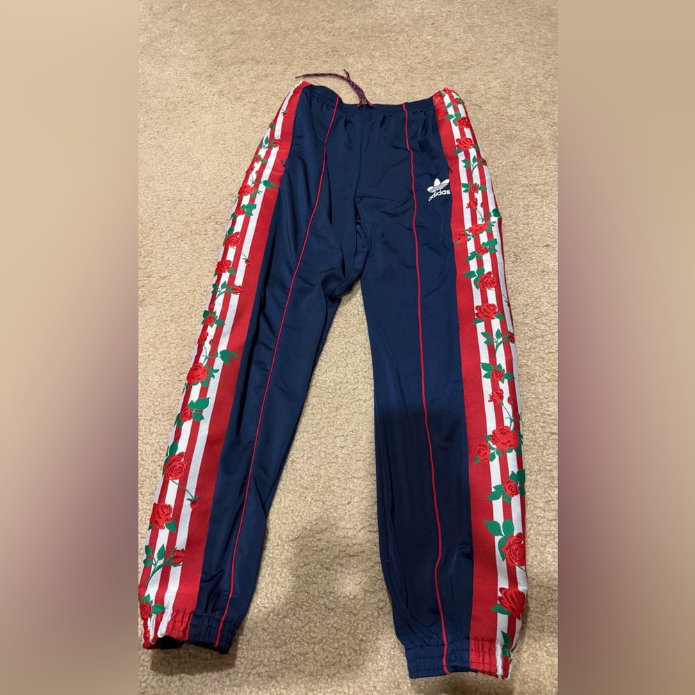 adidas Navy Track Pants with Red Rose Side Panels